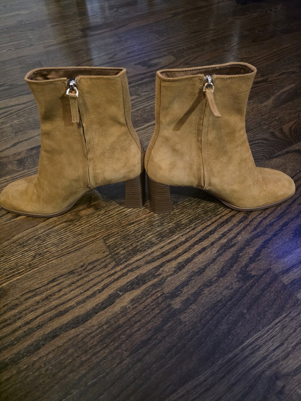 Leather Suede Block Heel Ankle Boots - Camel - Picture 5 of 7